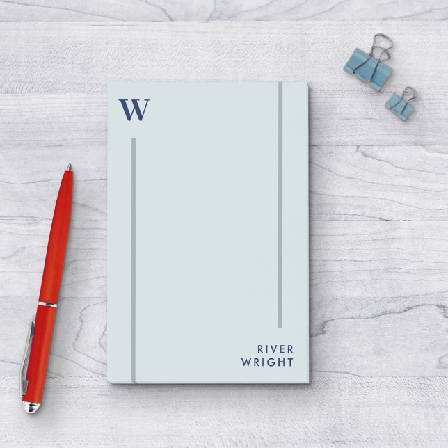 Aluminium Grey & Navy Monogram & Name Post-it Notes (Creator Uploaded)