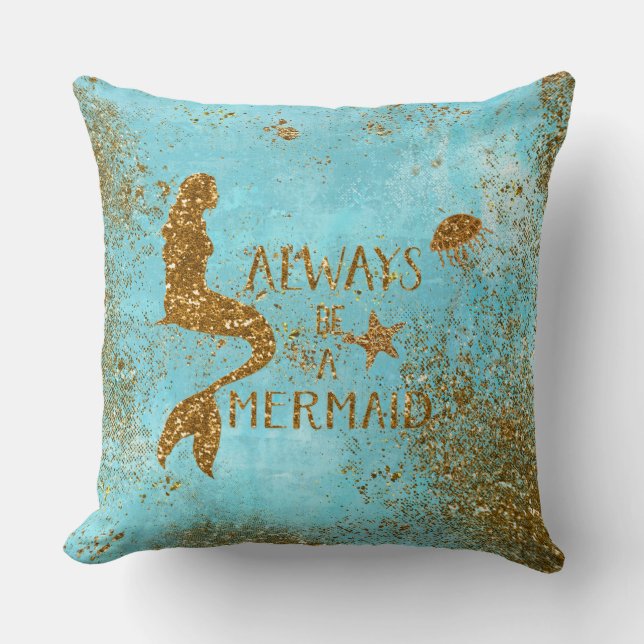Always be a mermaid- gold glitter mermaid vision cushion (Front)