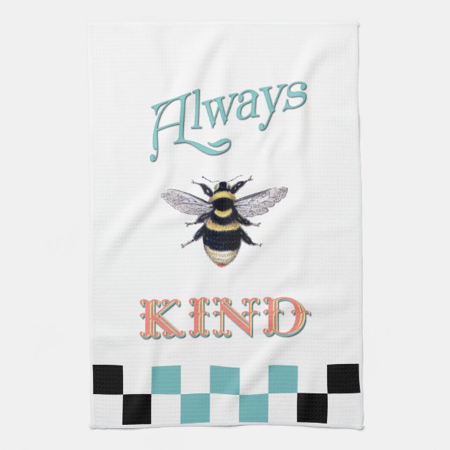Always Bee Kind Coral and Teal Tea Towel (Vertical)