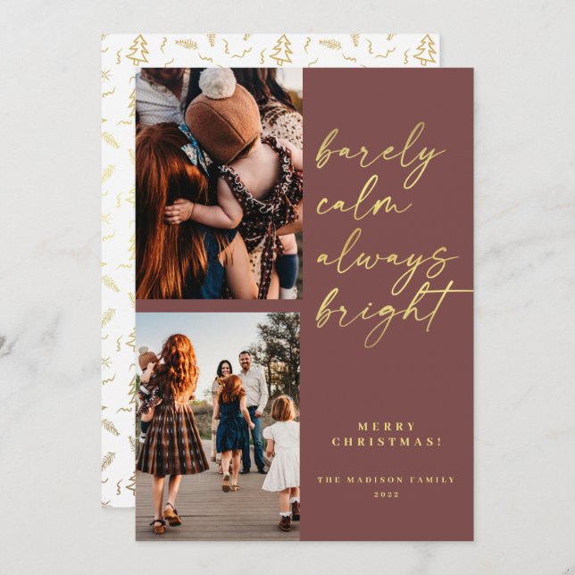 Always Bright Gold Script 2 Photo Christmas  Holiday Card (Front/Back)