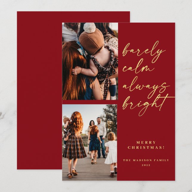 Always Bright Gold Script Photo Red Christmas  Holiday Card (Front/Back)
