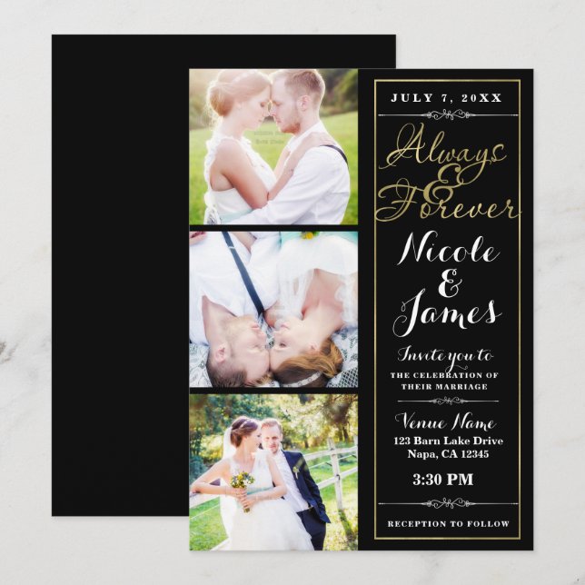 ALWAYS & FOREVER Modern 3 Photo Black Gold Wedding Invitation (Front/Back)