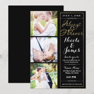 ALWAYS & FOREVER Modern 3 Photo Black Gold Wedding Invitation