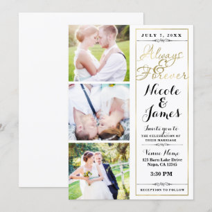 ALWAYS & FOREVER Modern 3 Photo White Gold Wedding Invitation