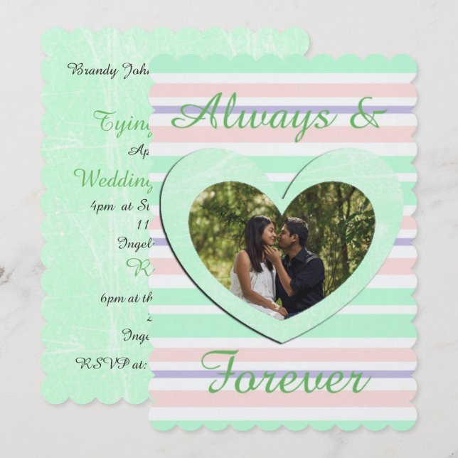 Always & Forever Wedding Invitations, green pink Invitation (Front/Back)