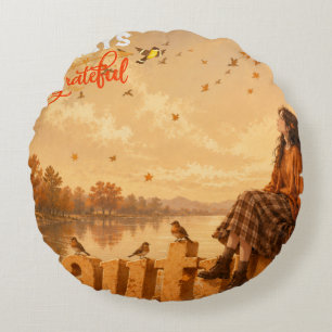 Always Grateful Autumn Girl Sitting on Autumn Round Cushion