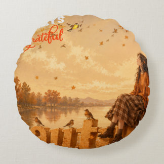 Always Grateful Autumn Girl Sitting on Autumn Round Cushion