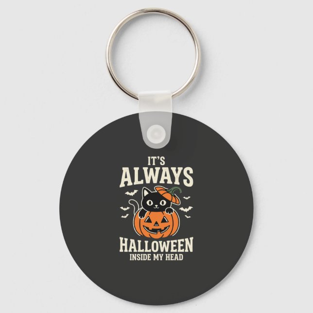Always Halloween Black Cat Pumpkin Design Key Ring (Front)