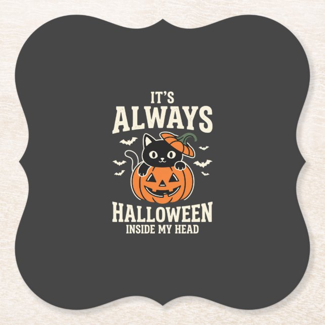 Always Halloween Black Cat Pumpkin Design Paper Coaster (Front)