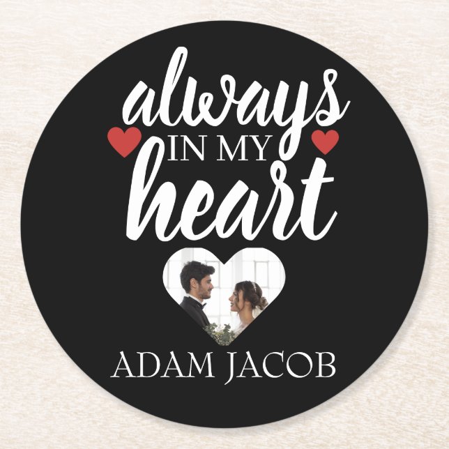 ALWAYS IN MY HEART, COUPLE CUSTOMIZE TEMPLATE ROUND PAPER COASTER (Front)