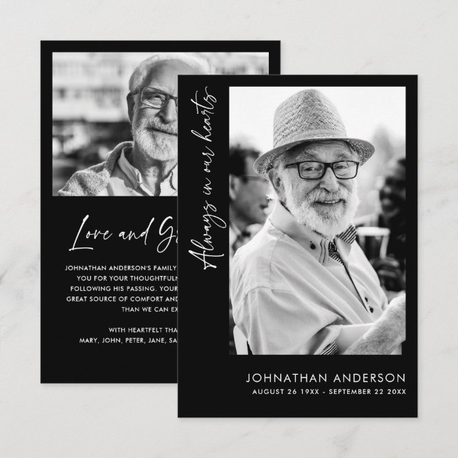 Always In Our Hearts 2-Photo Funeral/Memorial Thank You Card (Front/Back)