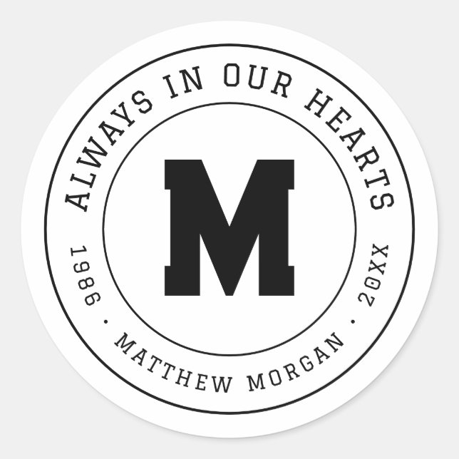 Always In Our Hearts Memorial Monogram Classic Round Sticker (Front)