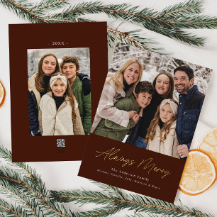Always Merry Brown Minimalist 2 Photo Foil Holiday Card