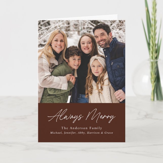 Always Merry Brown Minimalist 2 Photo Holiday Card (Front)