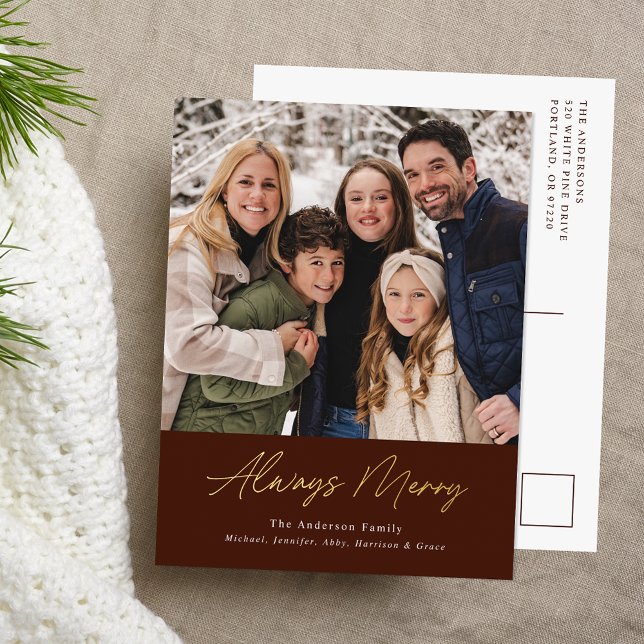 Always Merry Brown Minimalist Photo Foil Holiday Postcard (Creator Uploaded)