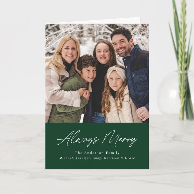 Always Merry Green Minimalist 2 Photo Holiday Card (Front)