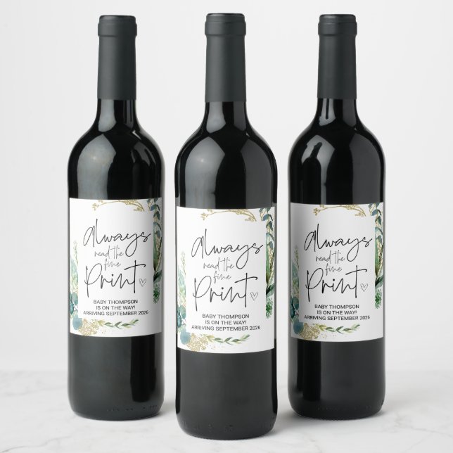 Always Read the Fine Print Pregnancy Announcement Wine Label (Bottles)