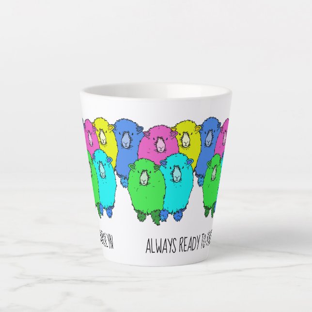 Always ready to knit, colourful sheep. Your name Latte Mug (Front)