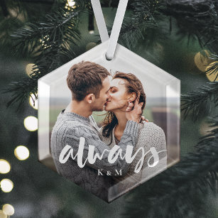 Always Script Overlay Personalised Couples Photo Glass Tree Decoration