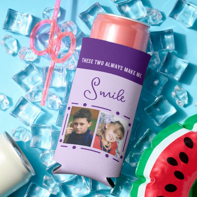 Always smile add photos initials purple seltzer can cooler (In Situ Summer)