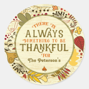 Always Thankful Autumn Leafs On Rustic Wood Classic Round Sticker