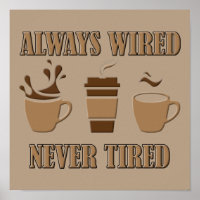 Always Wired Never Tired Funny Coffee Poster Sign