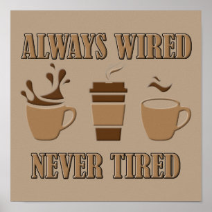 Always Wired Never Tired Funny Coffee Poster Sign