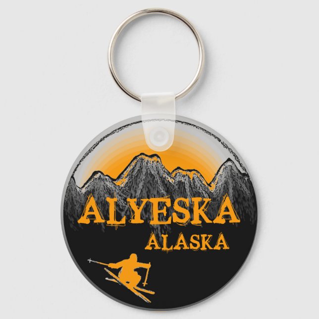 Alyeska Alaska orange skier keychain (Front)