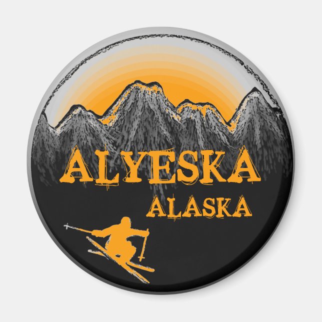 Alyeska Alaska orange skier magnet (Front)