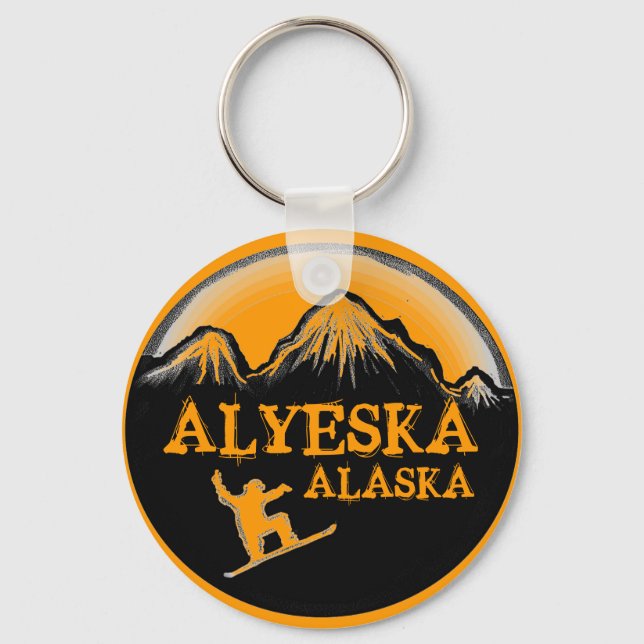 Alyeska Alaska orange snowboarder keychain (Front)