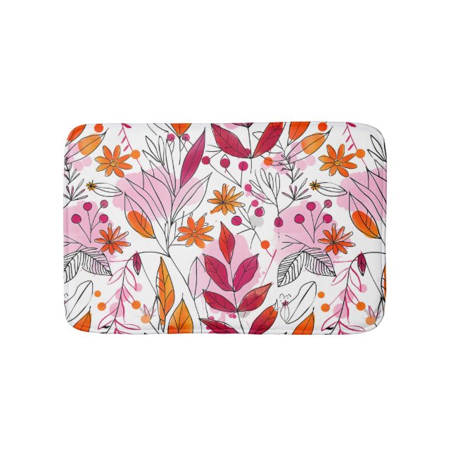 Alyssa Mae Hand Drawn Pink and Orange Foliage Bath Mat (Front)