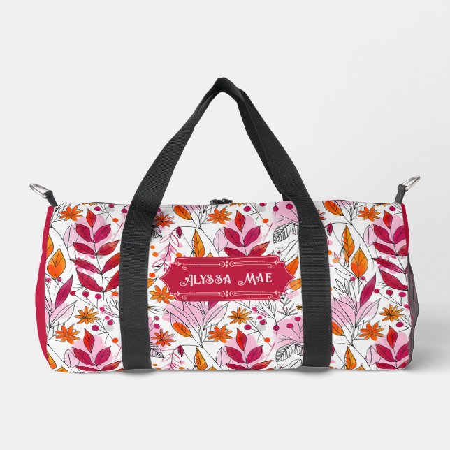 Alyssa Mae Hand Drawn Pink and Orange Foliage Duffle Bag (Front)