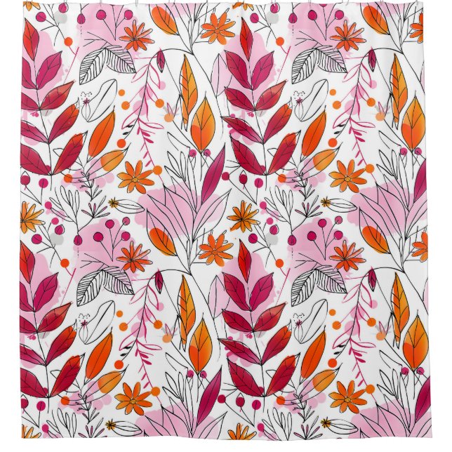 Alyssa Mae Hand Drawn Pink and Orange Foliage Shower Curtain (Front)