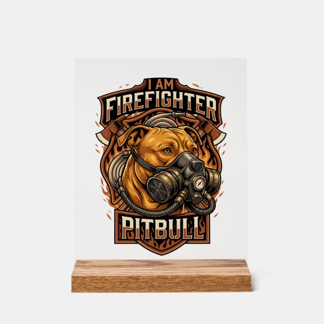 Am Firefighter Pitbull Dog Gas Mask Shield Acrylic Sign (Front)
