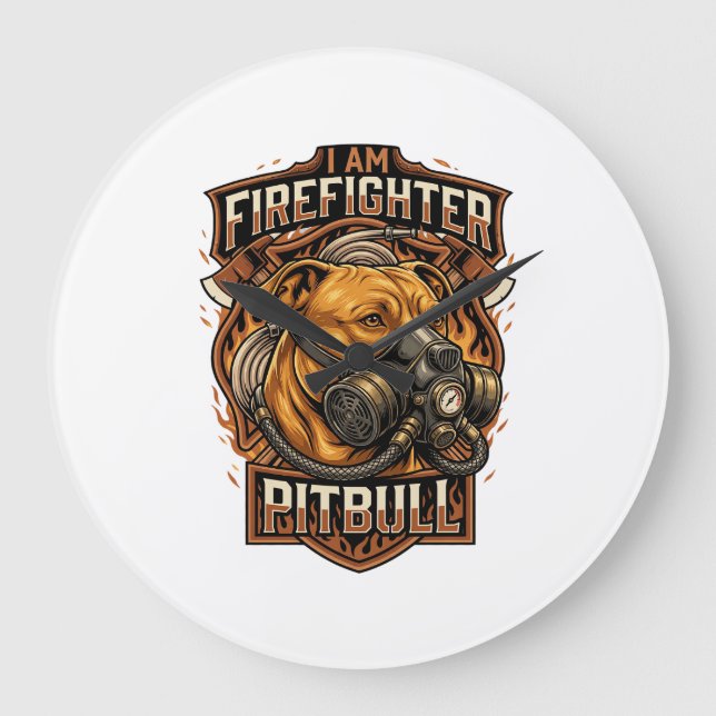 Am Firefighter Pitbull Dog Gas Mask Shield Large Clock (Front)