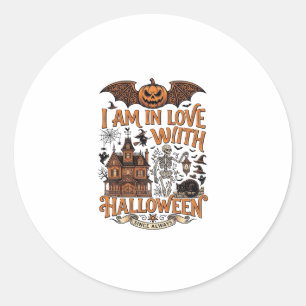 Am Love Halloween Haunted House Skeleton Pumpkin_1 Classic Round Sticker