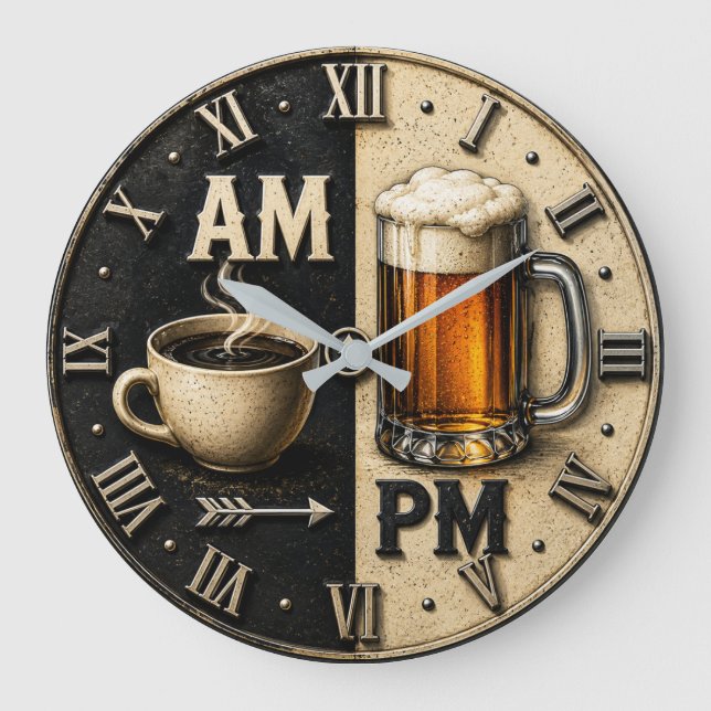 AM PM Beer Funny Coffee Man Cave Pub Decor  Large Clock (Front)