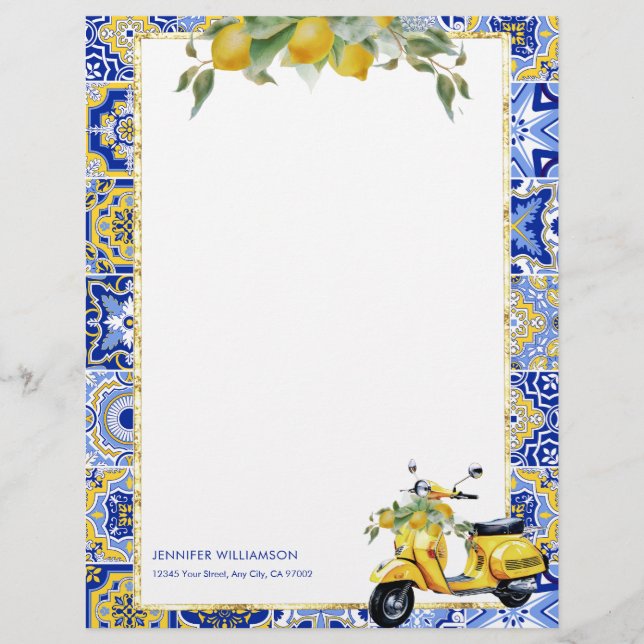 Amalfi Blue Tile Italian Scooter Lemons Capri Custom Letterhead (Front)