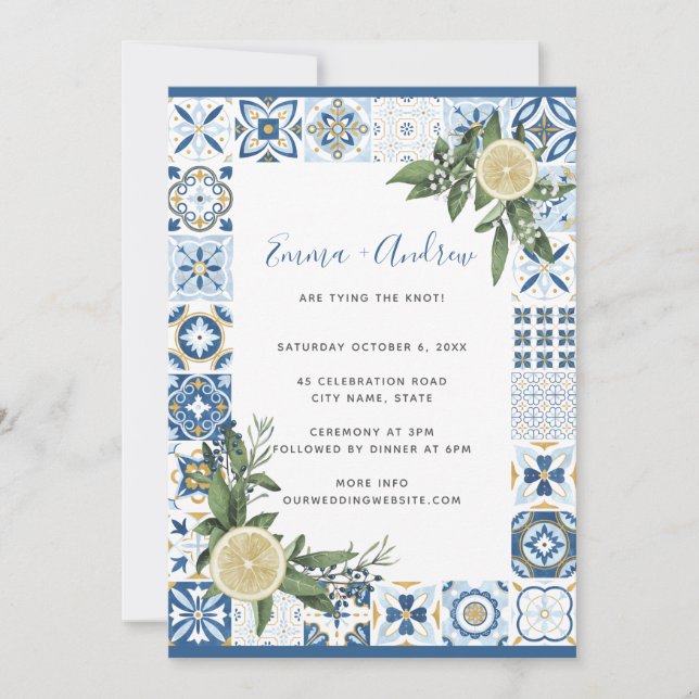 Amalfi Blue Tile Mediterranean Lemon Wedding Invitation (Front)