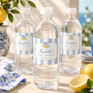 Amalfi Blue White Stripes Chic Lemon Baby Shower  Water Bottle Label