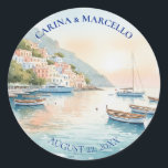 Amalfi Coast Amore Italy Destination Wedding Classic Round Sticker<br><div class="desc">Add a personalized touch to your wedding invitations, favors, or gifts with these Amalfi Coast Amore watercolor stickers and envelope seals. Featuring a hand-painted seaside village, a sunset harbor with boats, and customizable text for the couple’s names and wedding date, these round stickers provide a charming, elegant accent to your...</div>