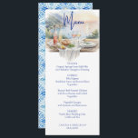 Amalfi Coast Amore Watercolor Italy Sea Wedding  Menu<br><div class="desc">Elevate your seaside celebration with this Amalfi Coast Amore watercolor wedding menu. Featuring a romantic table setting with wine, cheese, and rustic bread on a wood table overlooking the turquoise sea, coastal hills, and a glowing sunset, this design captures the essence of Italian coastal charm. The elegant watercolor artwork pairs...</div>