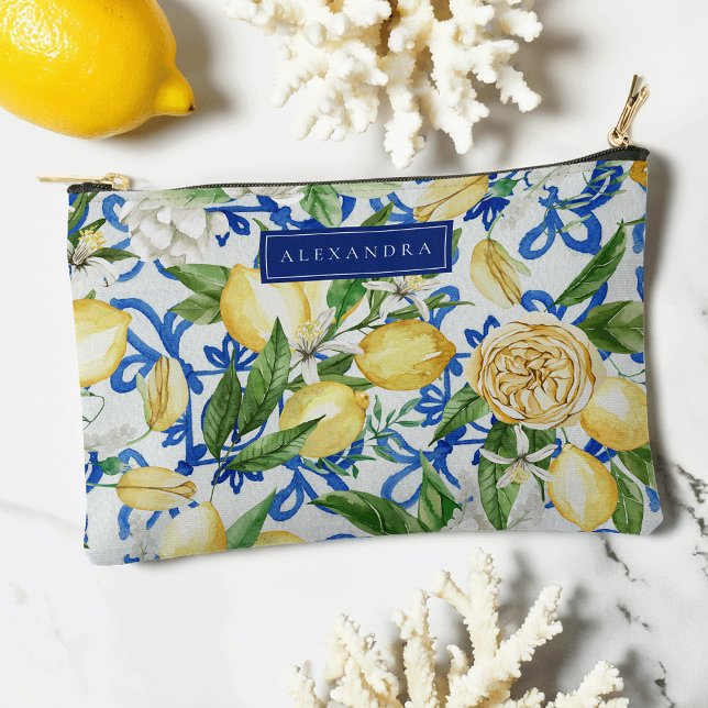 Amalfi Coast Blue Tile Lemon Personalised Accessory Pouch (Creator Uploaded)