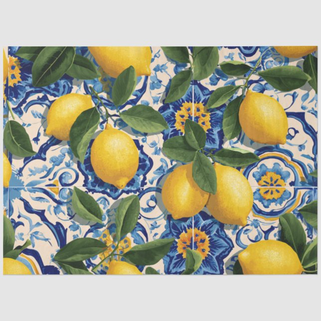 Amalfi Coast Blue Tile Lemon Tissue Paper (Front)
