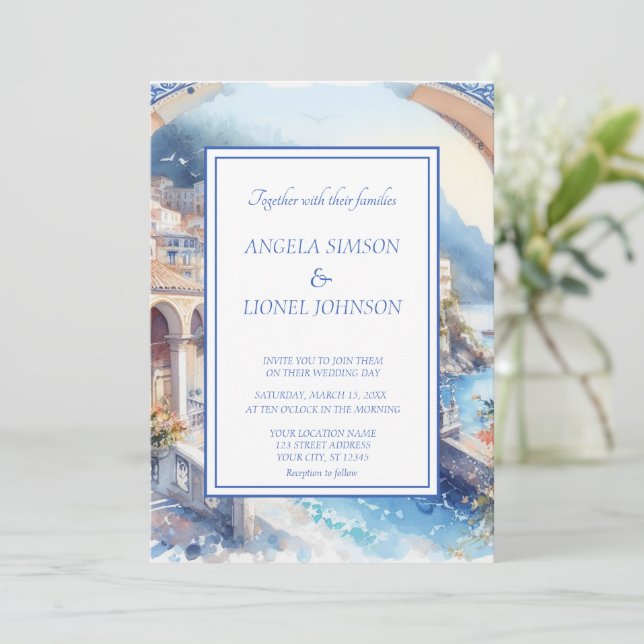 Amalfi Coast Blue Tiles Italy Personalised Photo Invitation (Standing Front)
