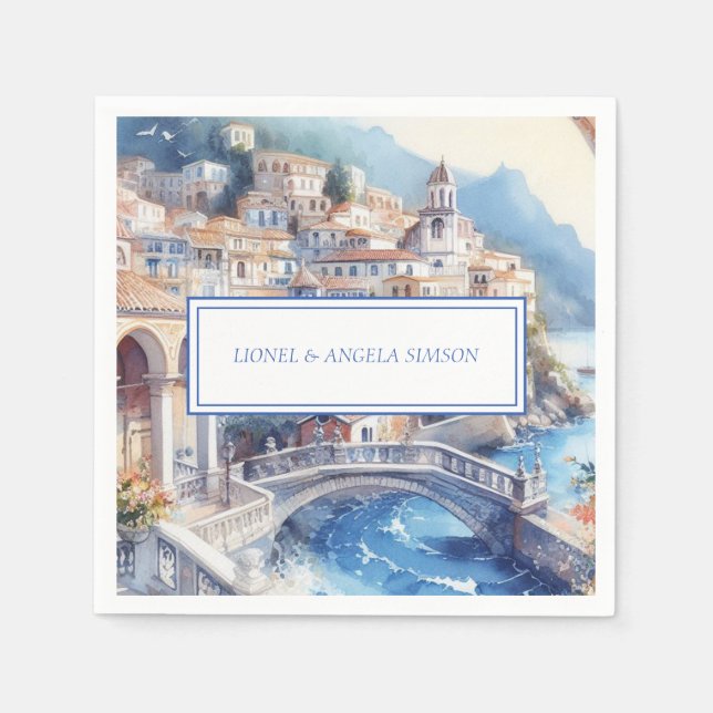 Amalfi Coast Blue Tiles Italy Personalised Photo Napkin (Front)