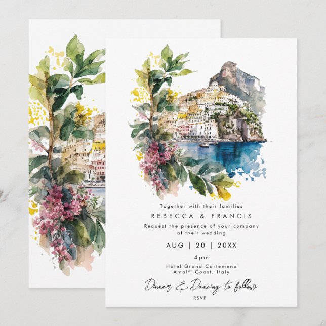 Amalfi Coast, Italy florals wedding invitation (Front/Back)
