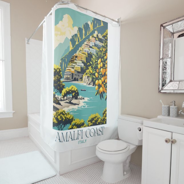 Amalfi Coast Italy Retro Travel Poster Style Shower Curtain (In Situ)