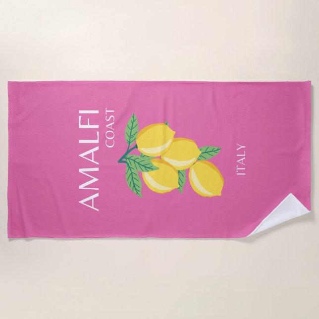 Amalfi Coast, Italy, Travel Art, Pink, Preppy Beach Towel (Front)