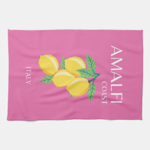 Amalfi Coast, Italy, Travel Art, Pink, Preppy Tea Towel